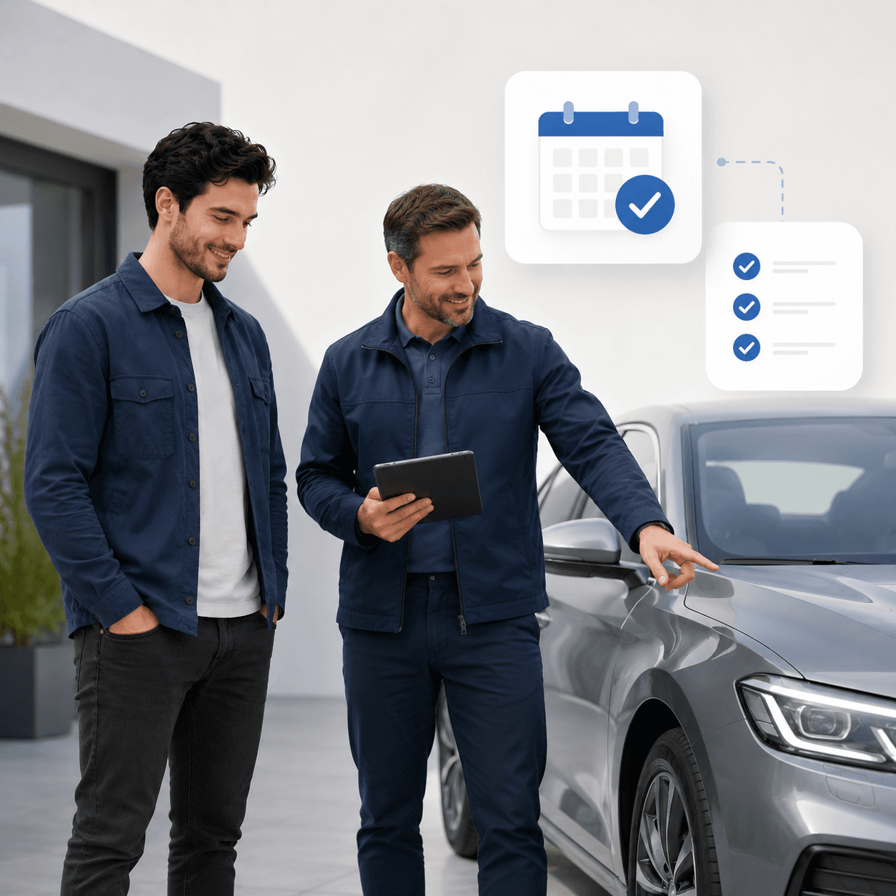 Advisor reviewing a vehicle with a customer on a tablet